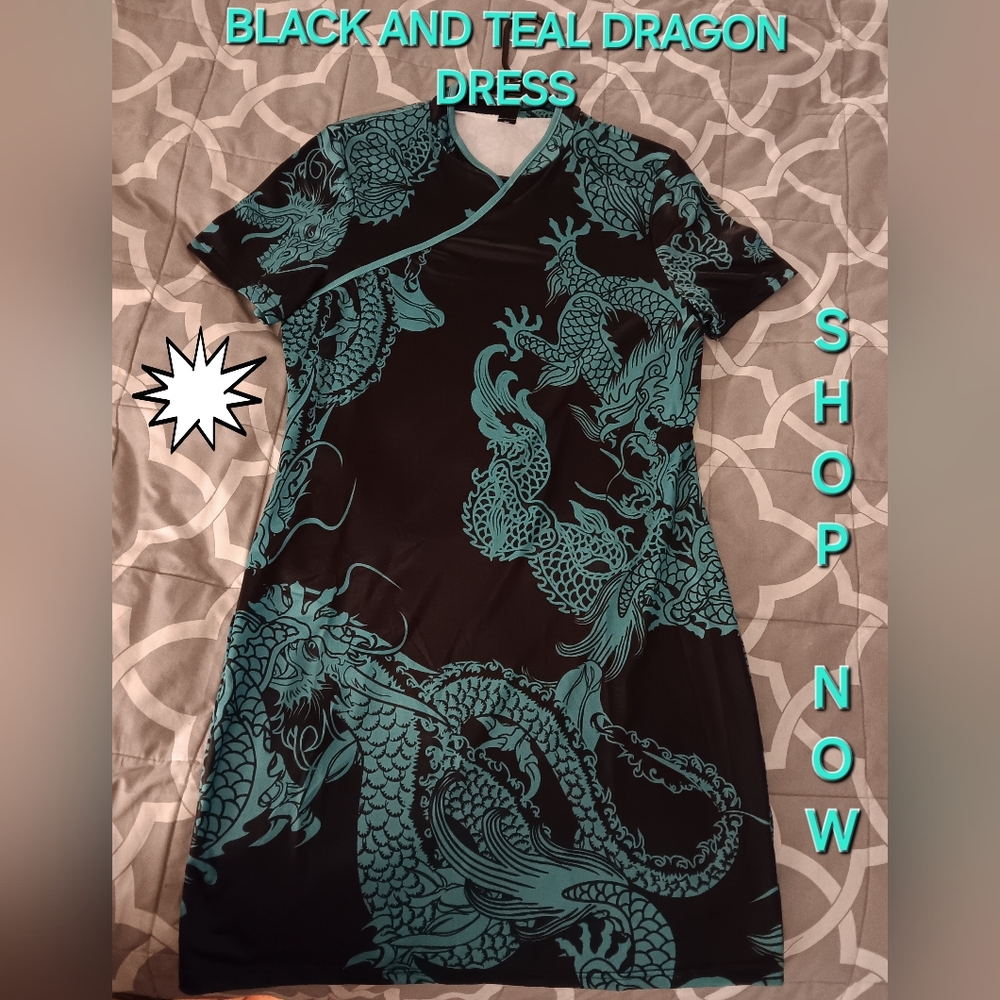 Black and Teal Short Sleve Dragon Dress
